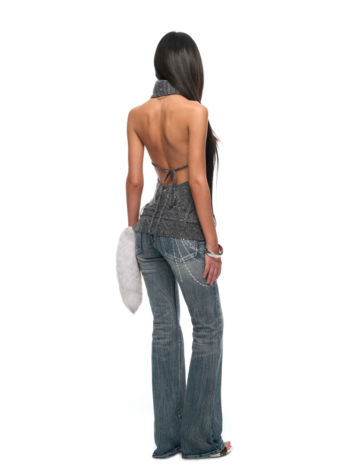 Backless High-Neck Cable-Knit Sweater