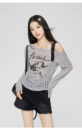 Gray & Beige Hollow Off-shoulder Long Sleeve T-shirt - CHINASQUAD