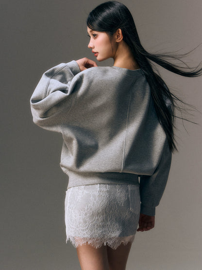 Gray Lace Patchwork Sweatshirt &amp; Skirt Set - CHINASQUAD
