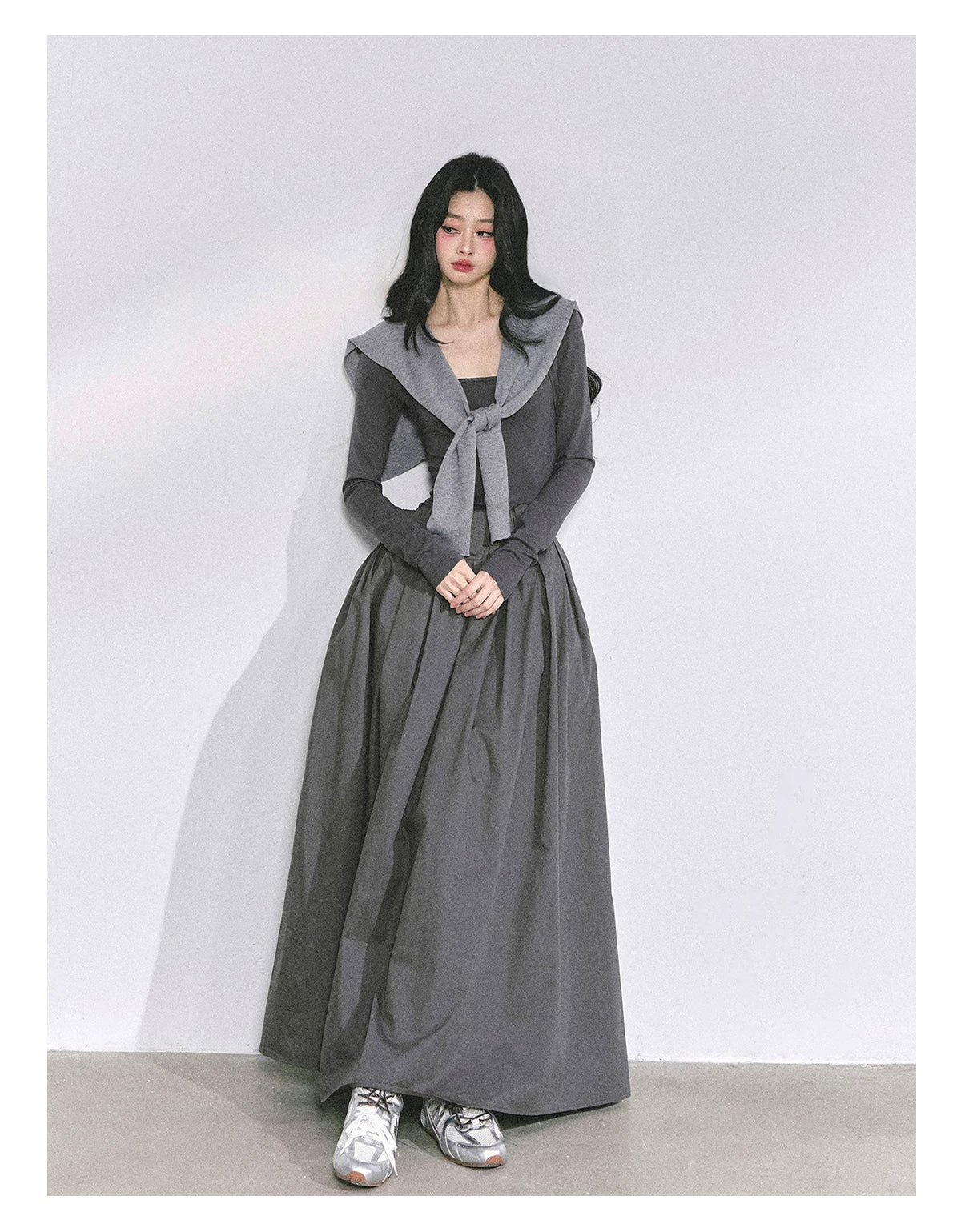 French Relaxed Long Sleeve Maxi Dress Grey / S