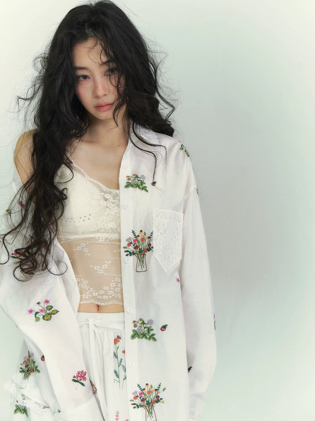 Floral Embroidered Lace Panel Shirt &amp; Mini Skirt Set