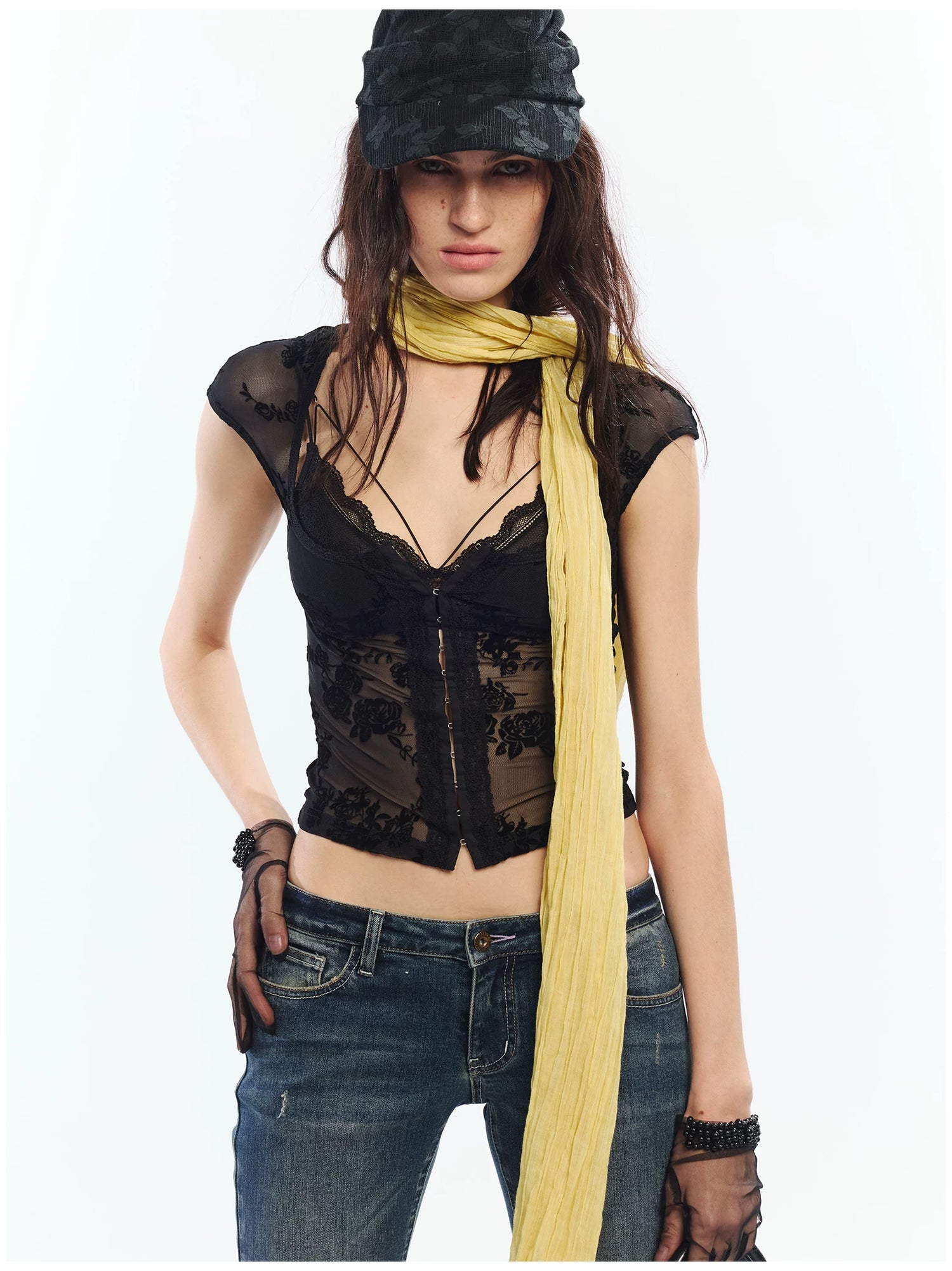 Flocked Floral Lace Flutter Sleeve Fitted Two-Piece Set
