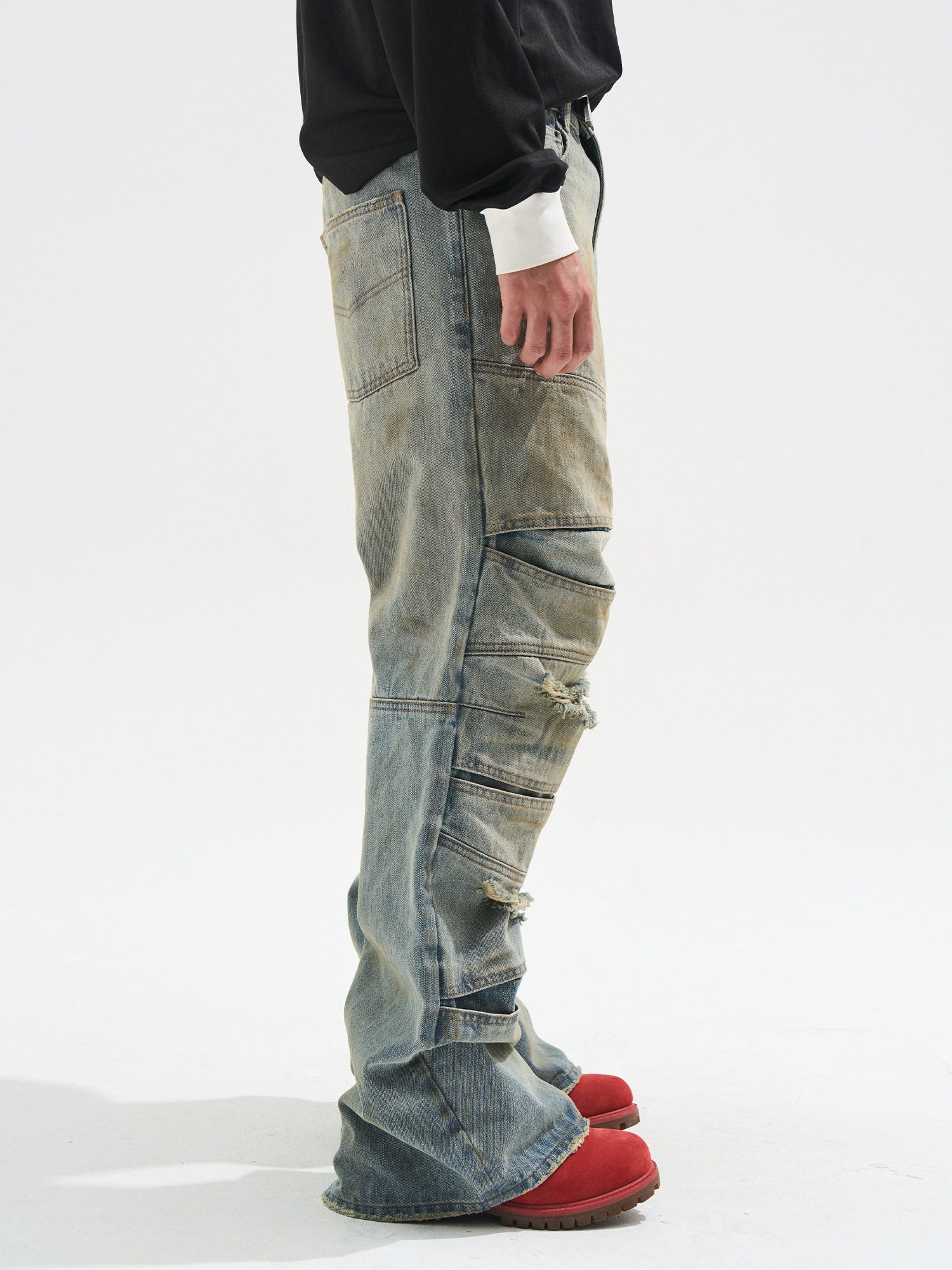 Layered Distressed Washed Loose Fit Denim Jeans