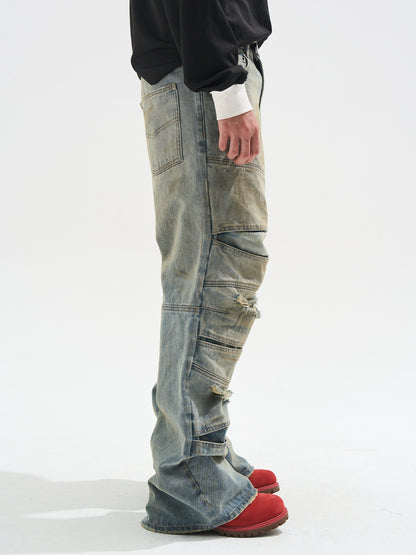 Layered Distressed Washed Loose Fit Denim Jeans