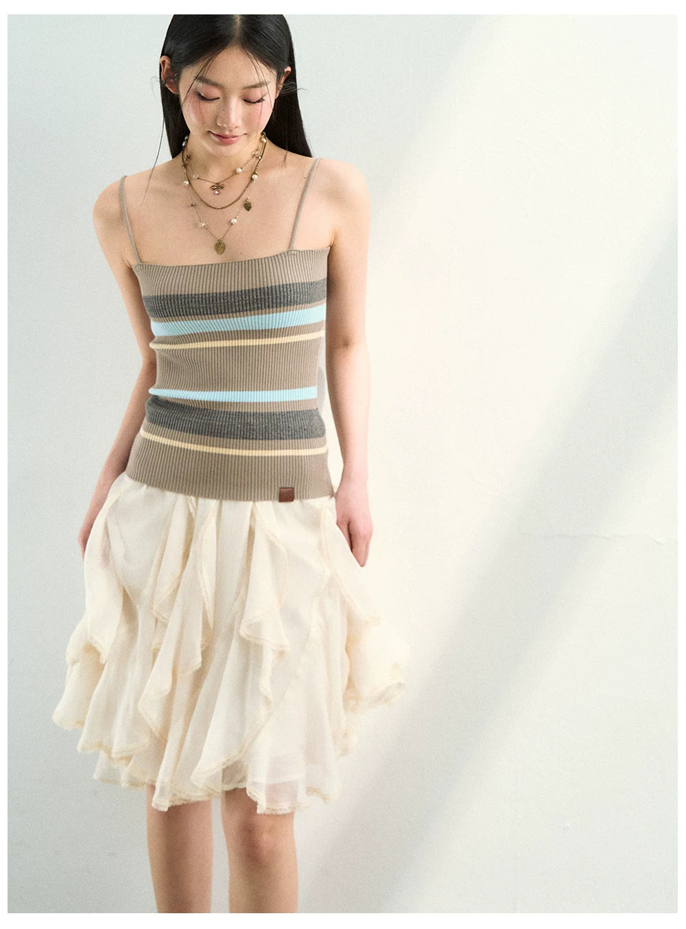 Knit Cardigan &amp; Striped Camisole Two-Piece Set