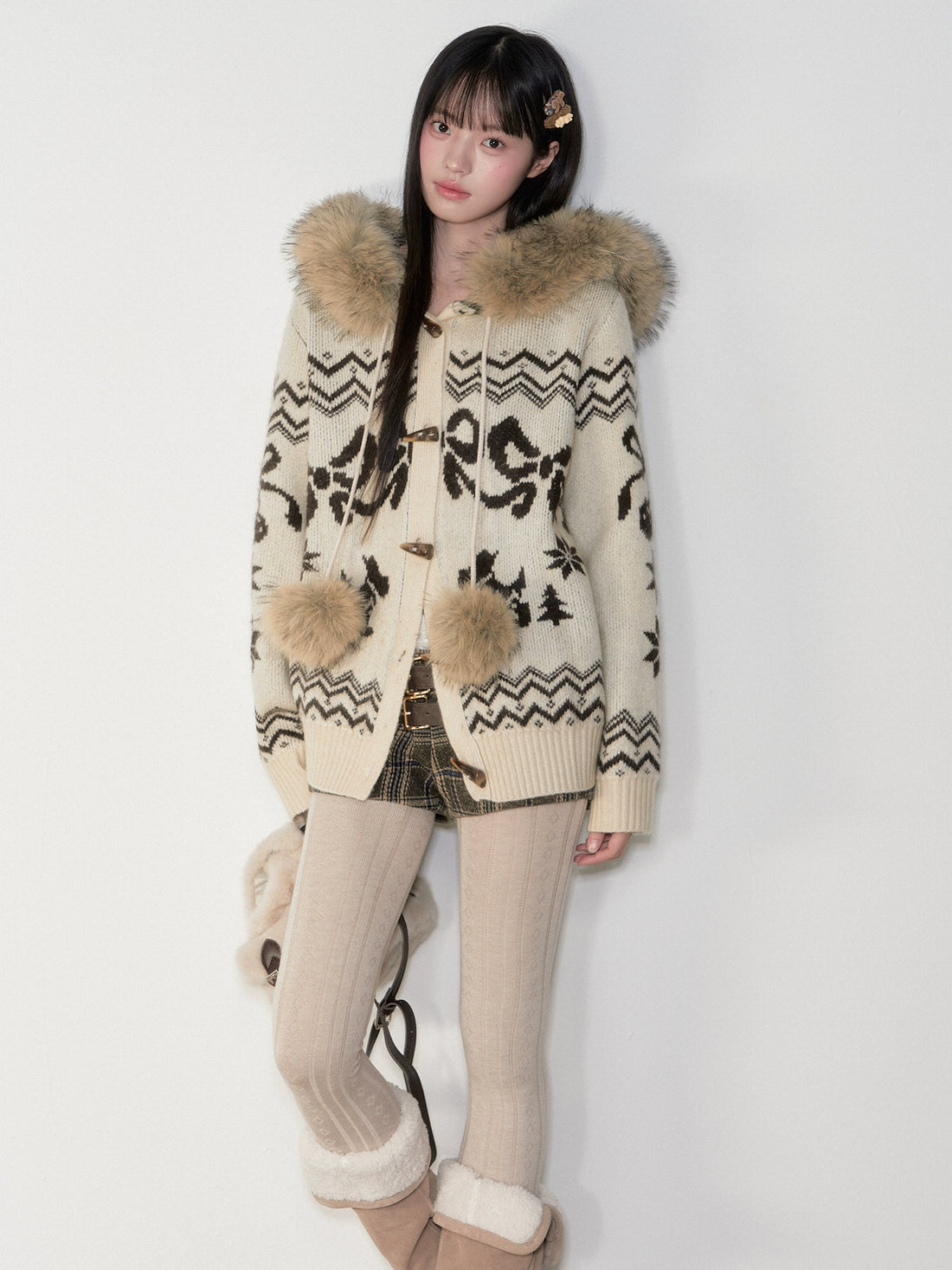 Fair Isle Fur Collar Toggle Buttons Knit Coat