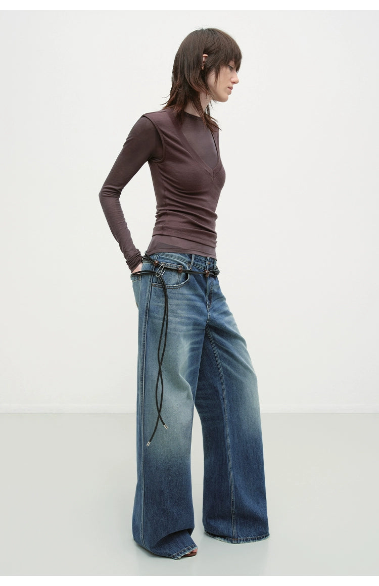 Vintage Blue Washed Wide-Leg Jeans - CHINASQUAD