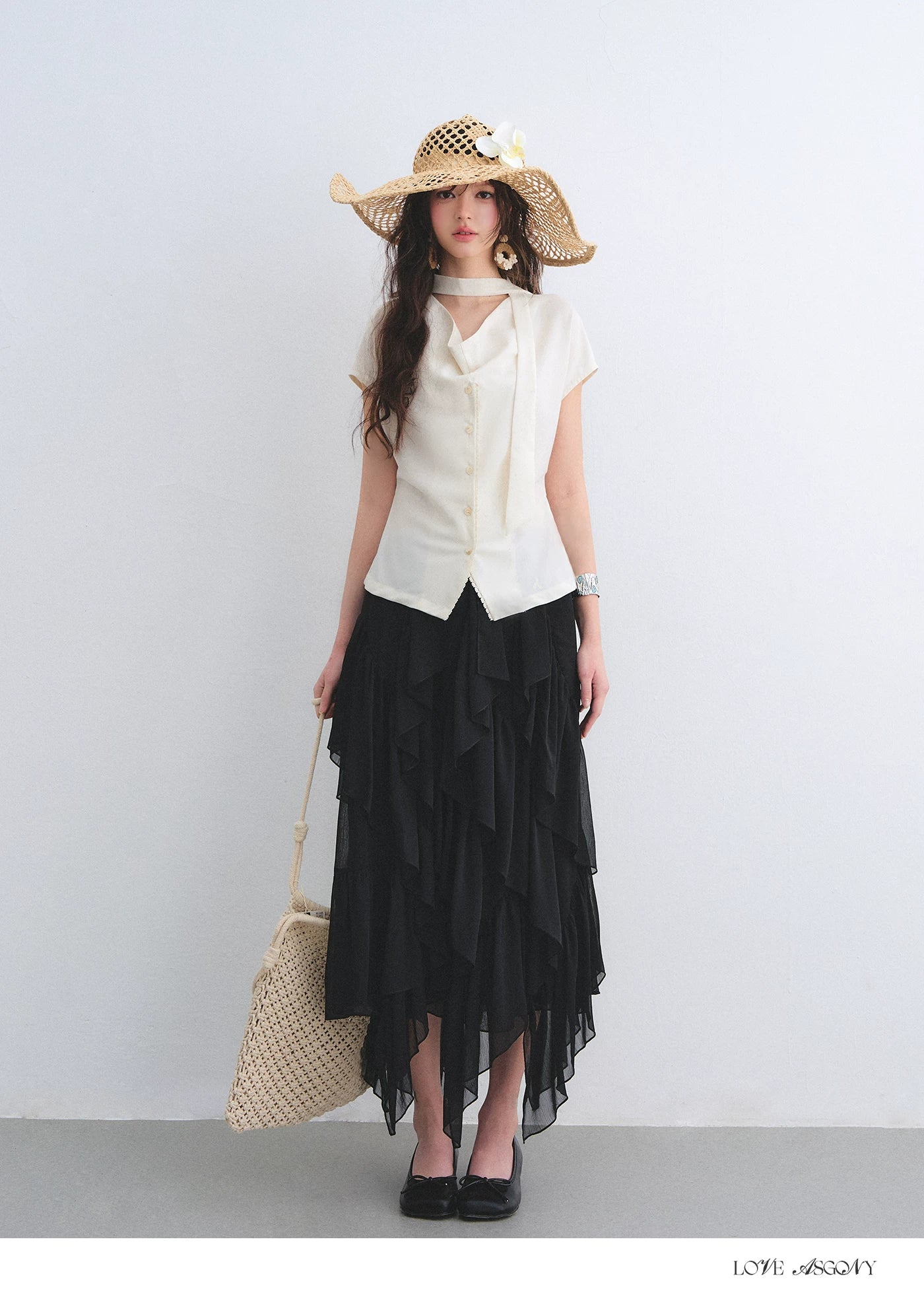 Linen Blend Lace Trim Draped Neck Tie-Waist Blouse