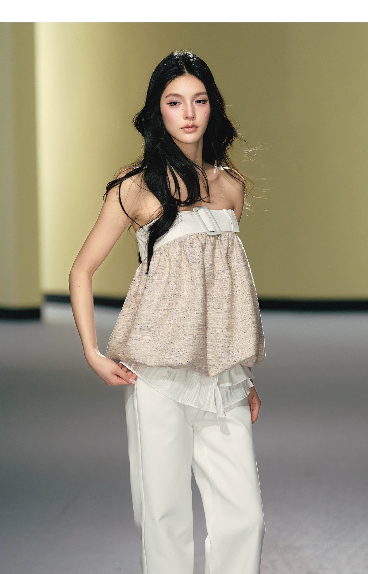 Textured Tweed Bubble-Hem Bandeau Top