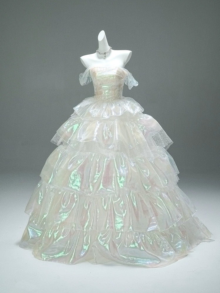 Iridescent Fructose-Sheen Tiered Couture Gown