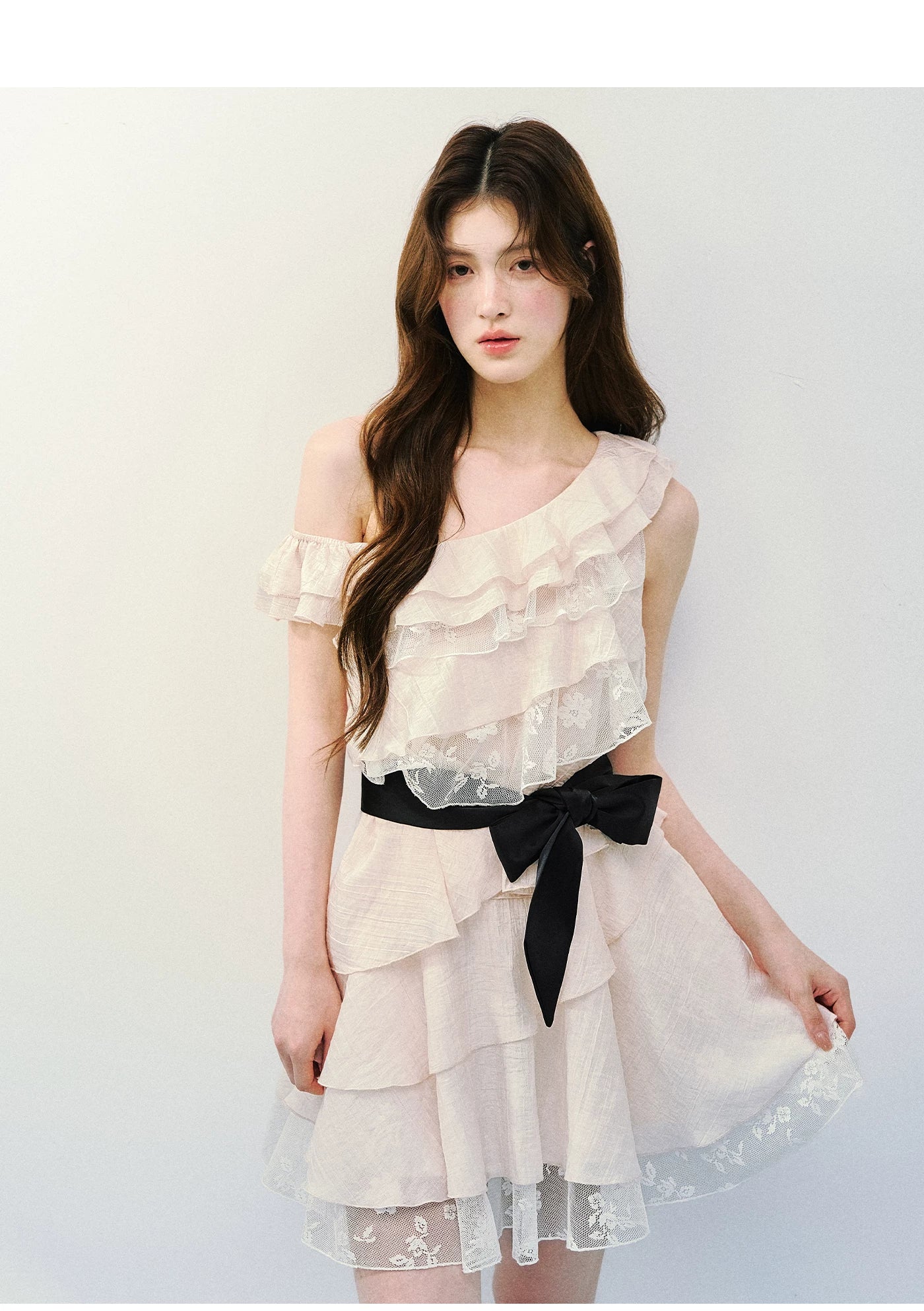 Asymmetric Lace Tiered Ruffle Dress