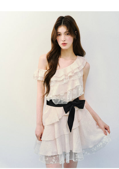 Asymmetric Lace Tiered Ruffle Dress