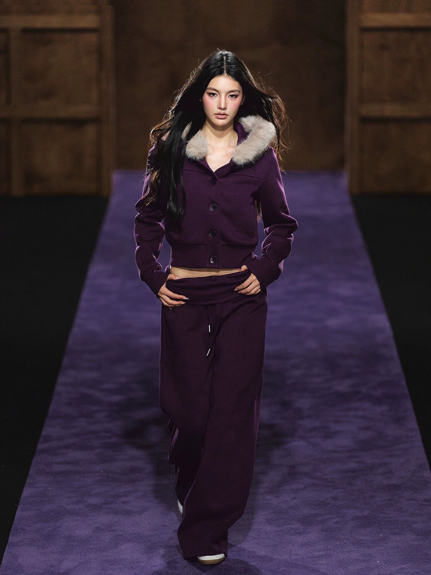 Faux Fur Hooded Cropped Hoodie &amp; Jogger Set