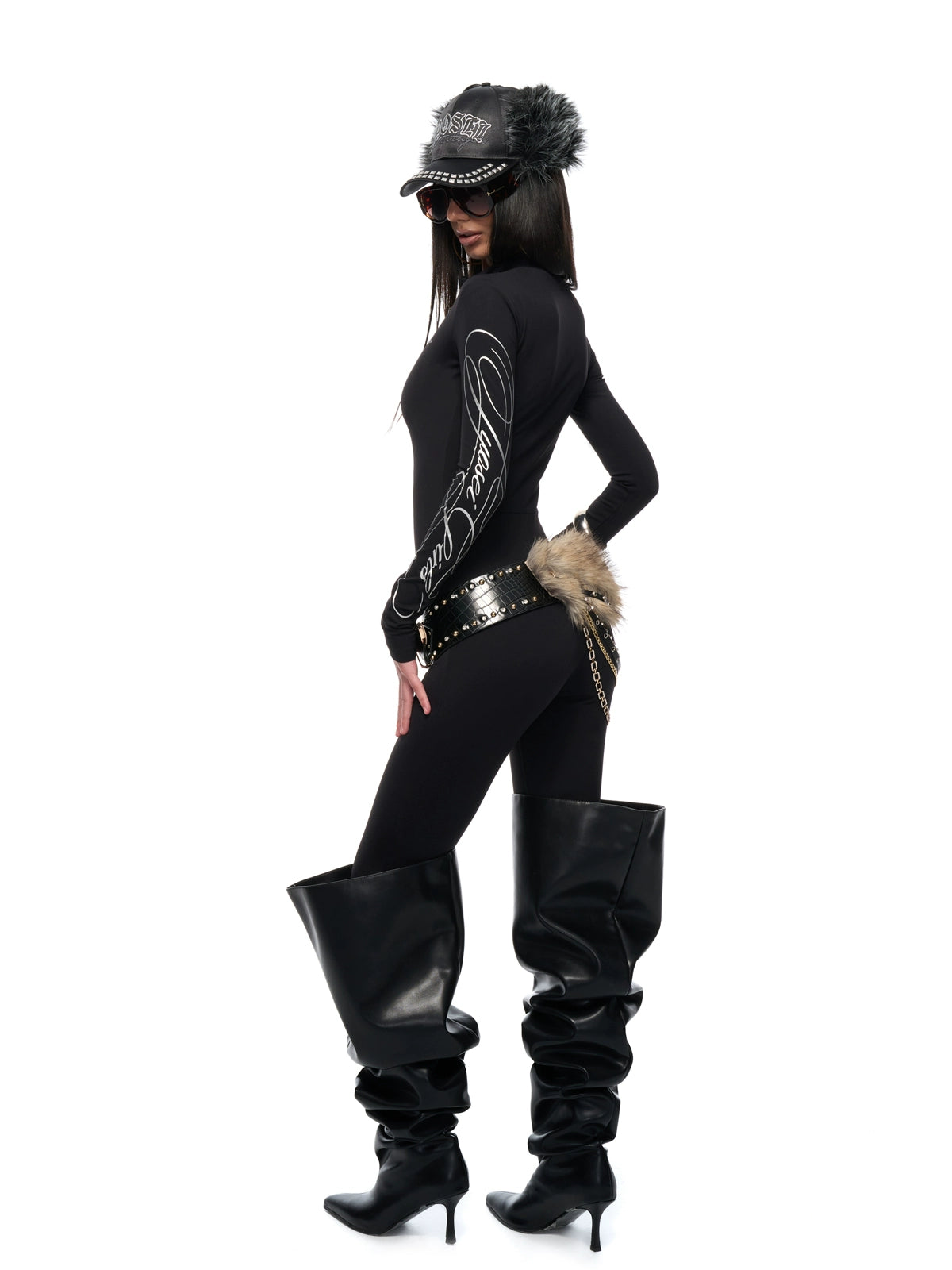 Black Fur-Trim Chain Ring Belt