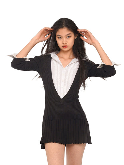 V-Neck Shirt Collar Pleated Mini Dress