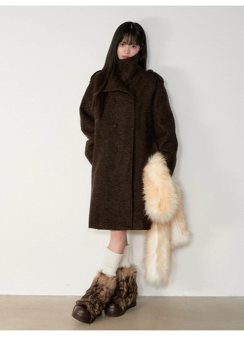 Stand-Collar Bouclé Wool Long Coat