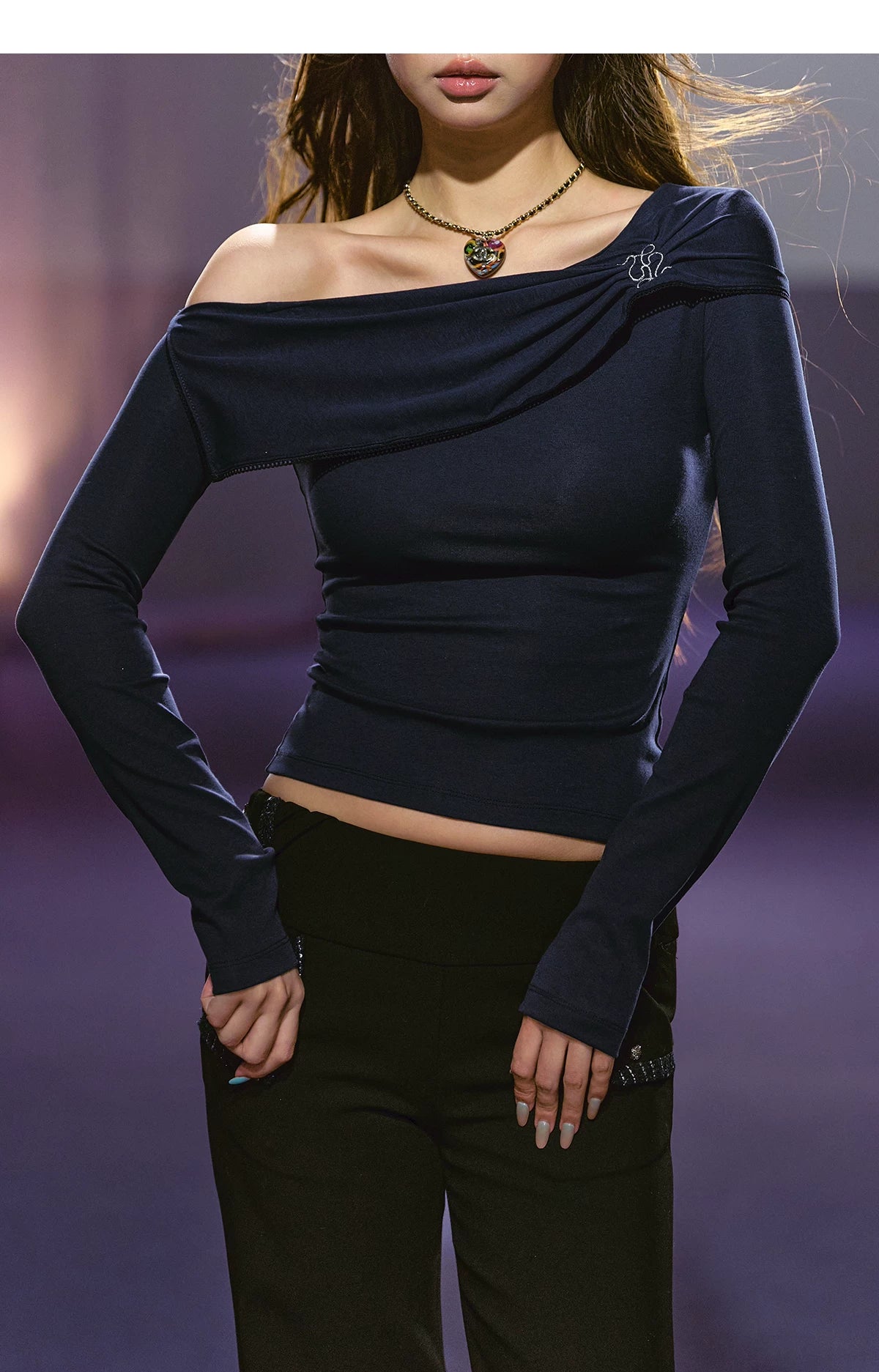 Asymmetric Ruched Embroidered Off-Shoulder Top