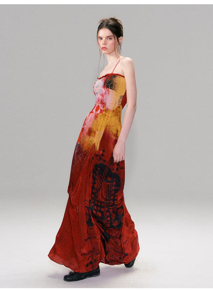 Vintage Red Strapless Printed Maxi Dress