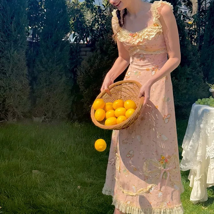 Vintage Pastoral Printed Lace Slip Dress