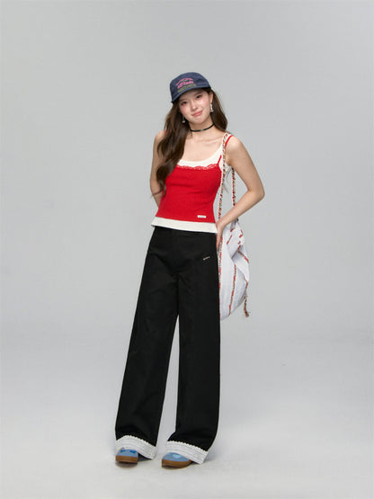 Lace-Trim Relaxed Blade-Cut Pants