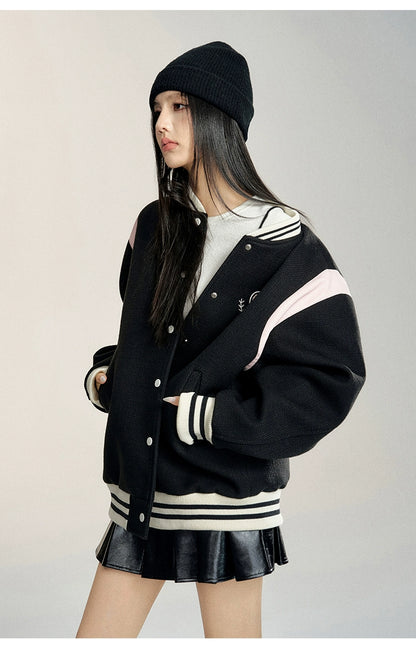 White &amp; Black Heart Embroidered Baseball Jacket