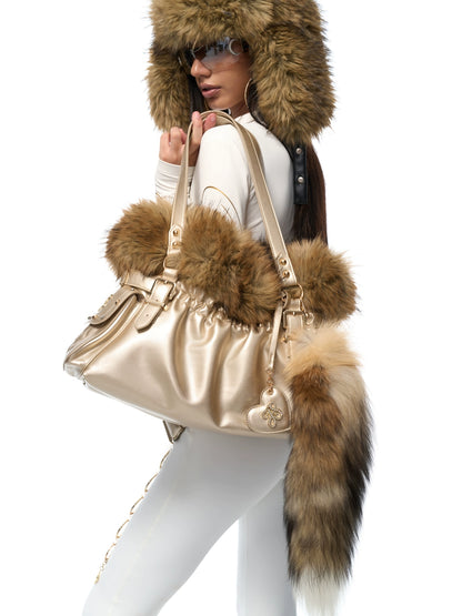 Faux Fox-Trim Structured Tote Bag