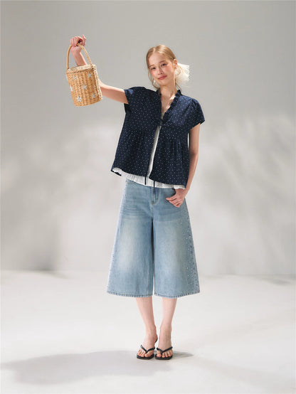 Crystal-Embellished Wide-Leg Cropped Denim Jeans
