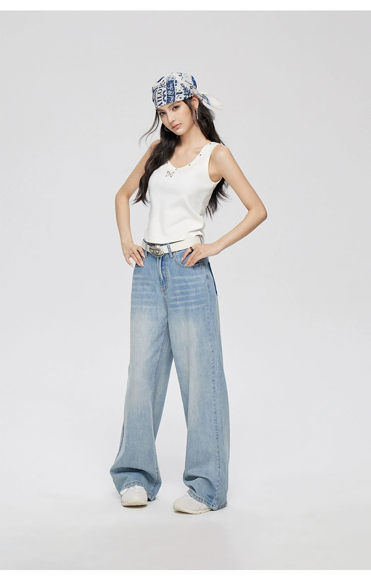 Blue Lyocell Tencel Jeans Wide-Leg Pants