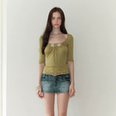 The NeverMore Vintage Embroidered Ruched Scoop-Neck Top NeverMore