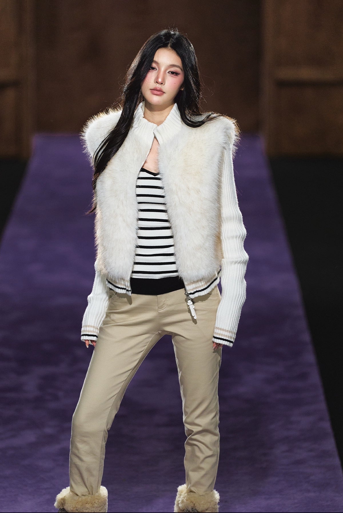 Faux Fur Knit-Panel Two-in-One Cardigan