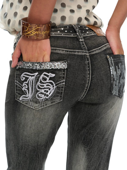 Vintage Embellished Flared Stretch Denim Jeans