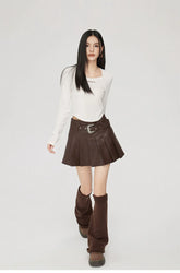 (Final Sale) High-Waisted Pleated Leather Skirt - CHINASQUAD