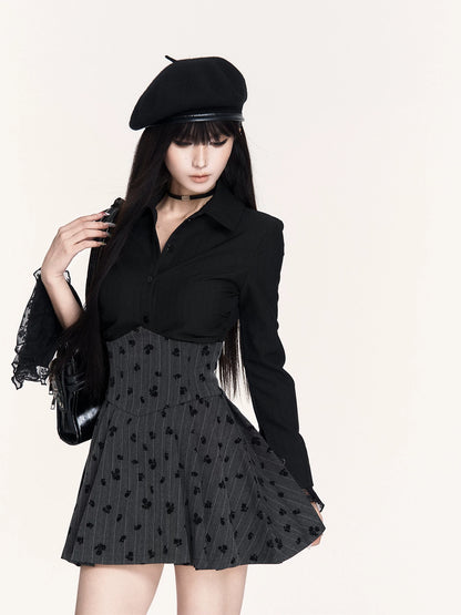 Striped Lace-Panel Waist-Defining Shirt