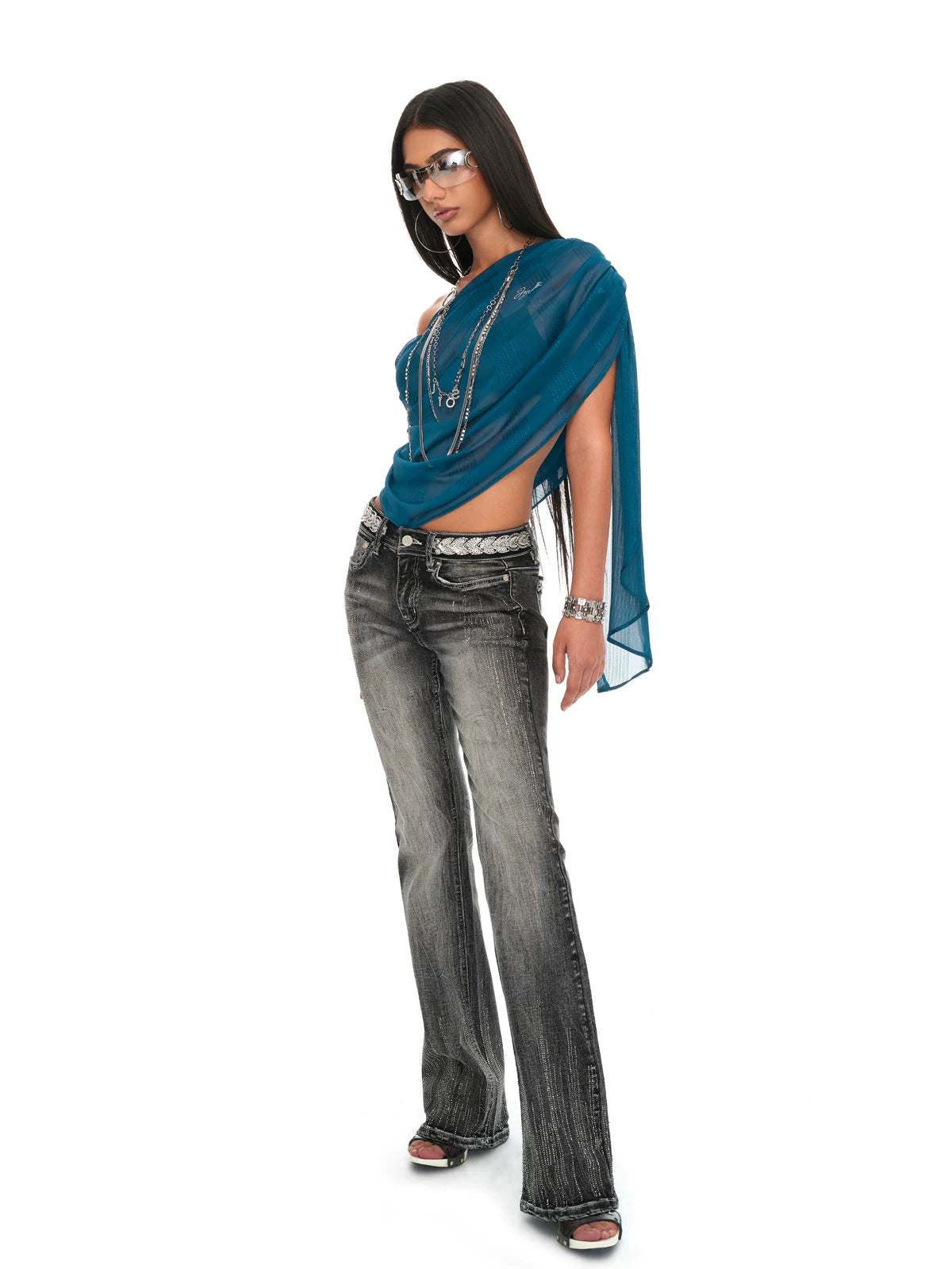 Peacock Blue Draped Off-Shoulder Sheer Chiffon Blouse