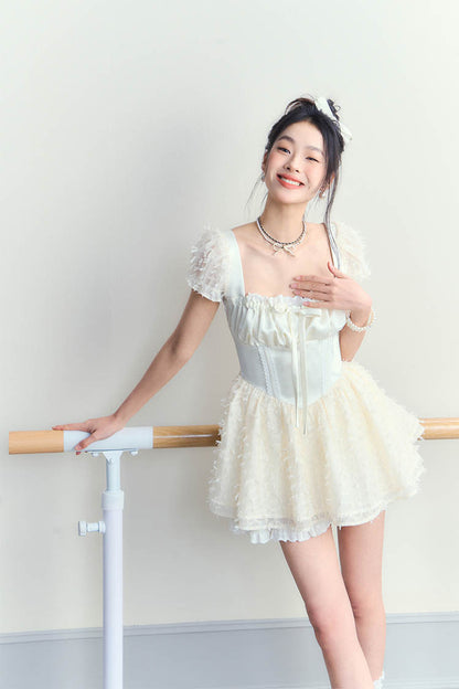 Ballet White Puffy High Waist Mini Dress - CHINASQUAD