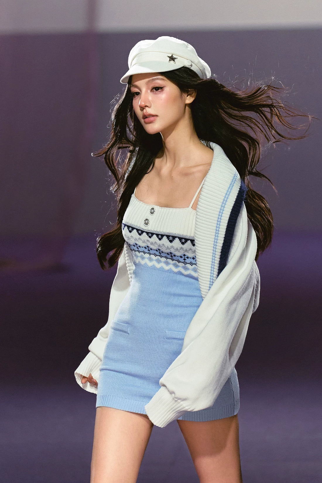 Asymmetrical Strap Top &amp; Fair Isle Knit Cardigan Set