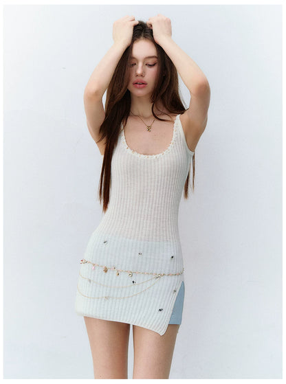 Crystal-Embellished Ribbed Knit Side-Slit Camisole Dress