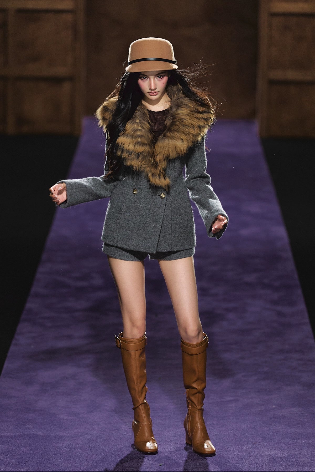 Detachable Fur Collar Wool Tailored Blazer &amp; Shorts Set