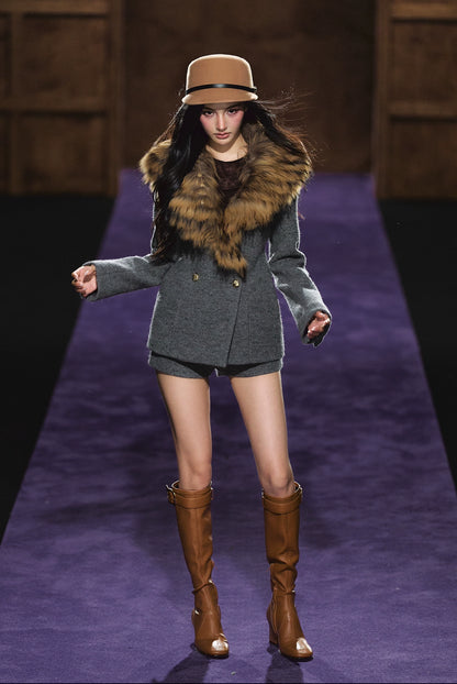 Detachable Fur Collar Wool Tailored Blazer &amp; Shorts Set