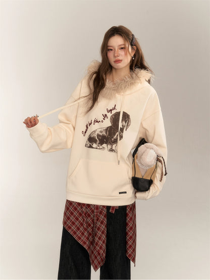 Retro Dog Print Fleece-Lined Hoodie