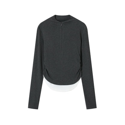 Gray Lapel Neck Zipped Long Sleeve T-shirt - CHINASQUAD