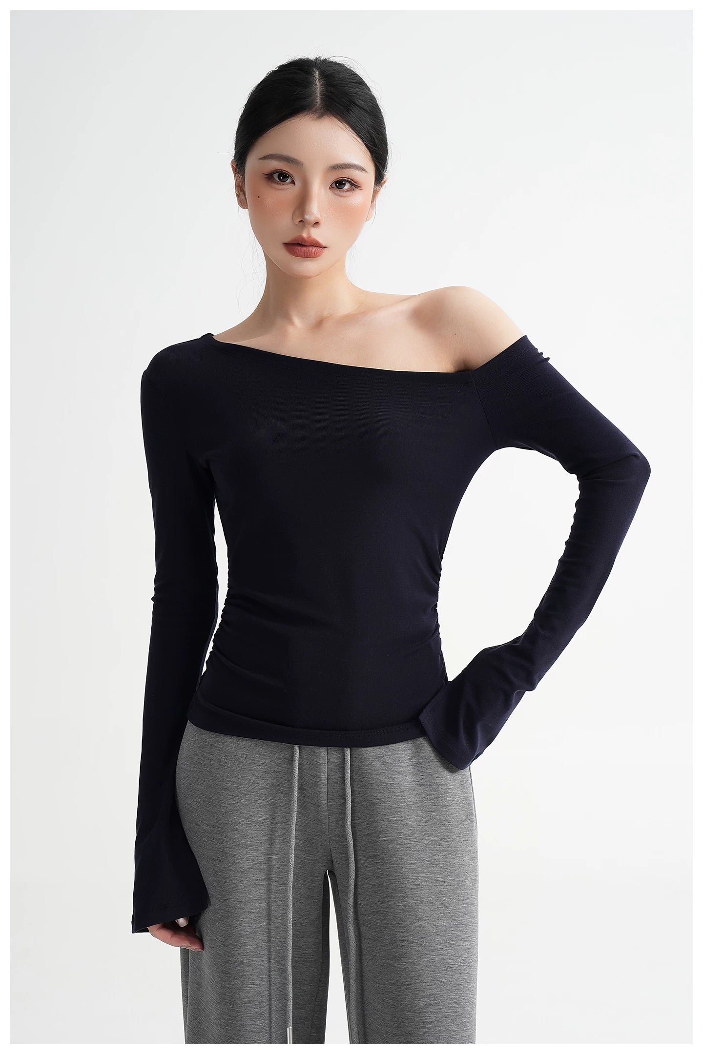 One-Shoulder Lyocell Flared Sleeve Fitted T-Shirt