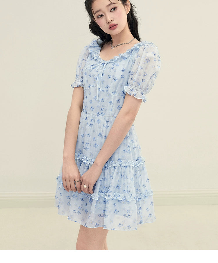 Blue Floral U-neck Dress