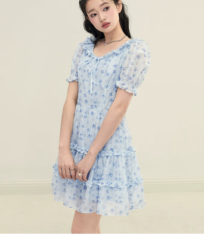 Blue Floral U-neck Dress