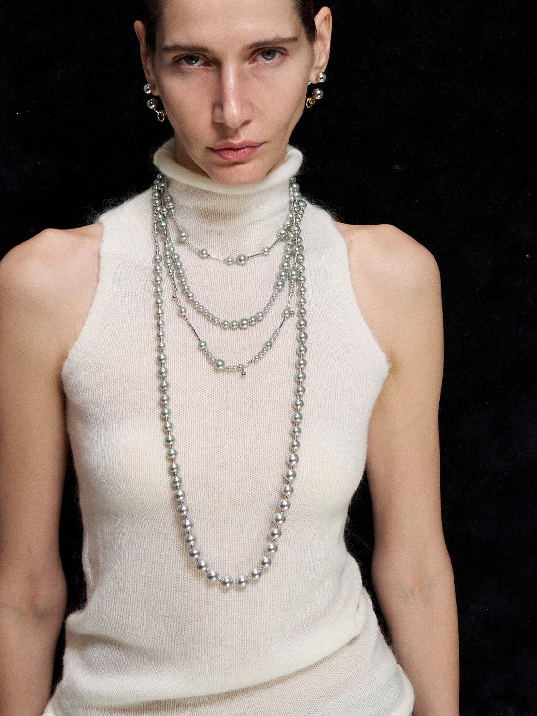Silver Layered Pearl Sweater Necklace