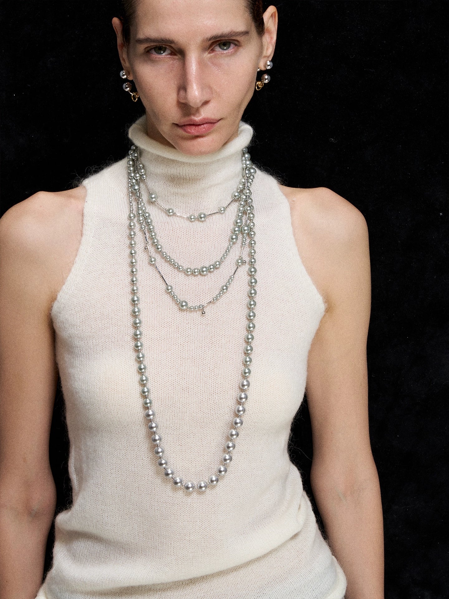 Silver Layered Pearl Sweater Necklace