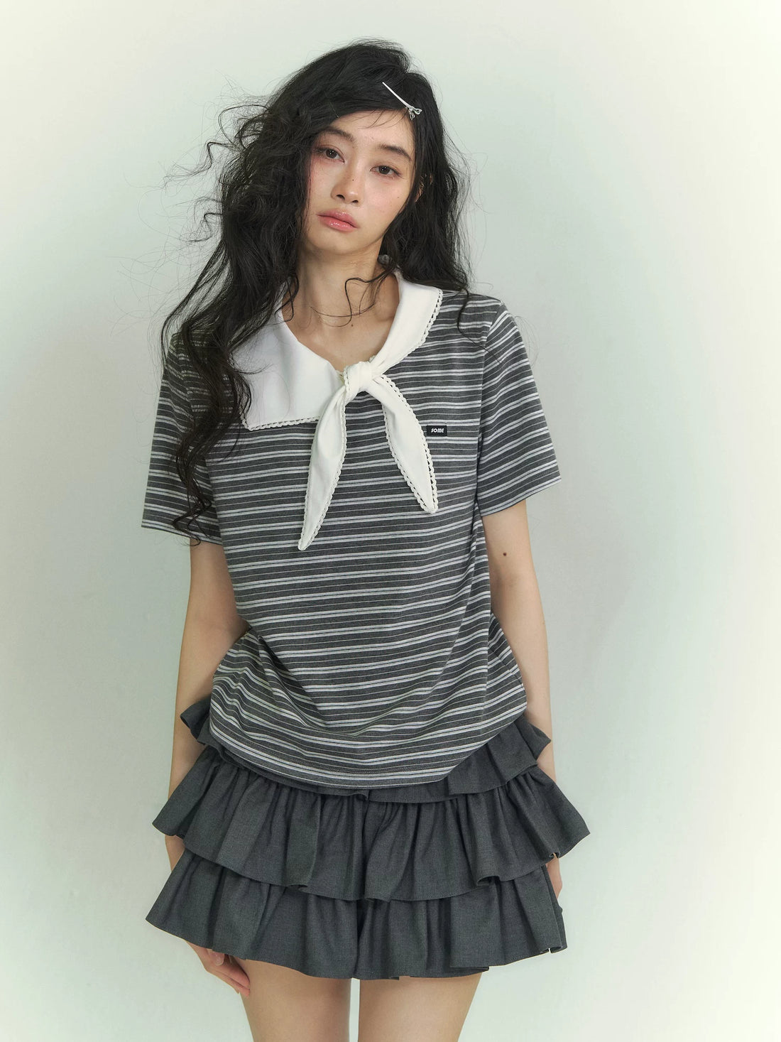 Tie-Neck Sailor Collar Striped Short Sleeve T-Shirt