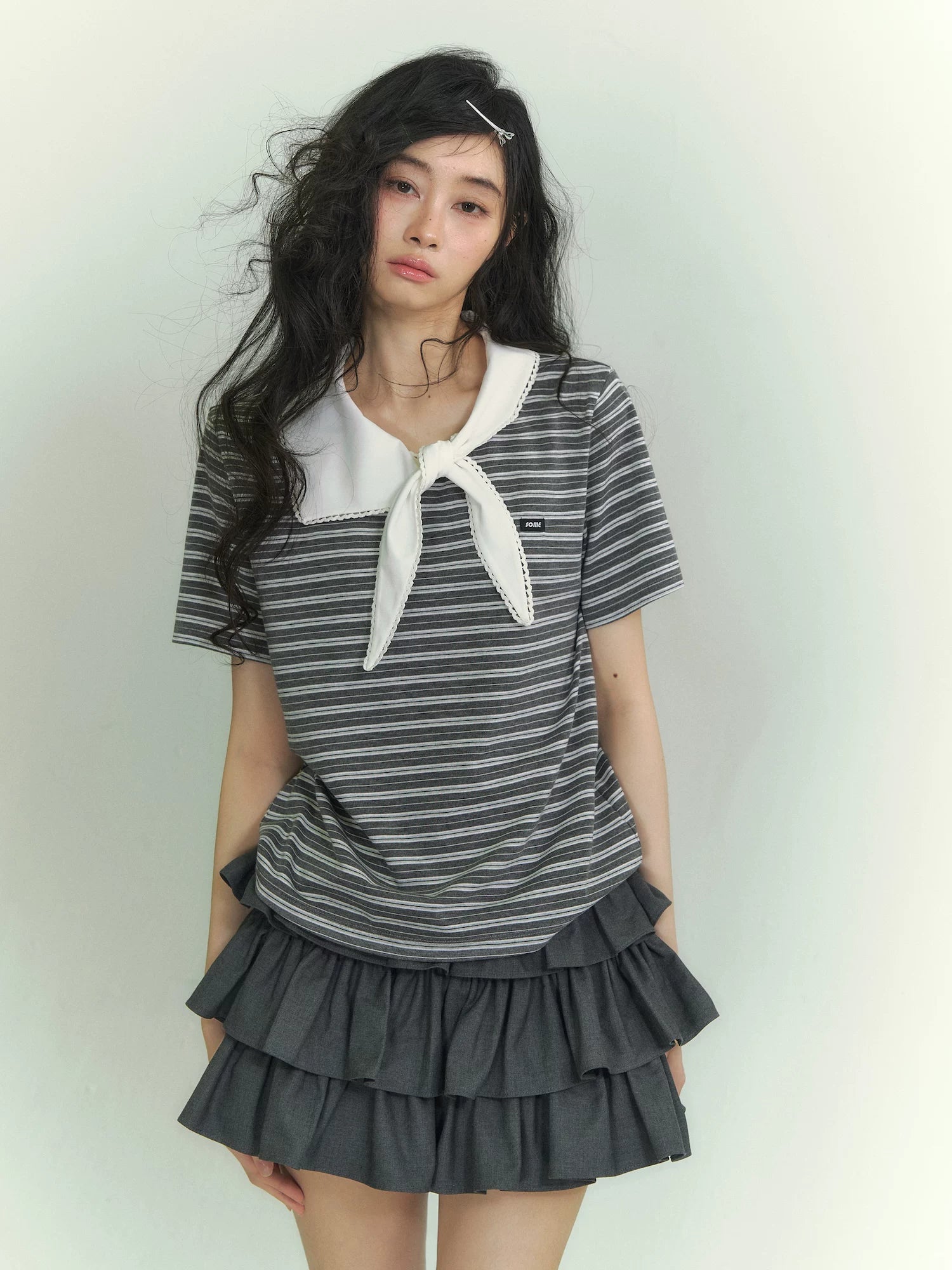 Tie-Neck Sailor Collar Striped Short Sleeve T-Shirt
