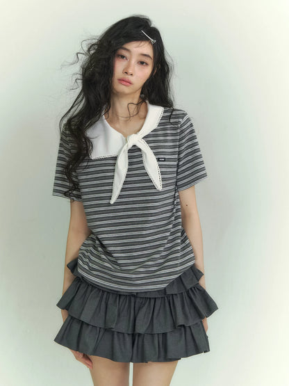 Tie-Neck Sailor Collar Striped Short Sleeve T-Shirt