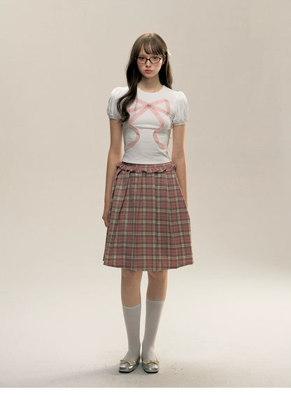 Plaid Pink Lace Pleated Skirt